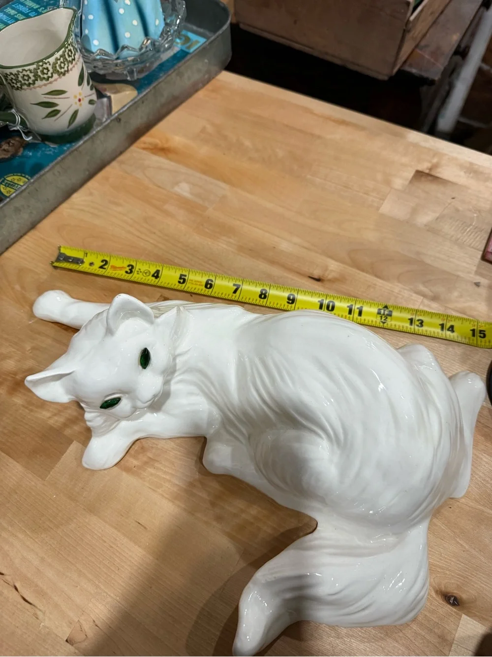 White Ceramic Cat Figurine Green Eyes - Decorative Pet Sculpture large vintage